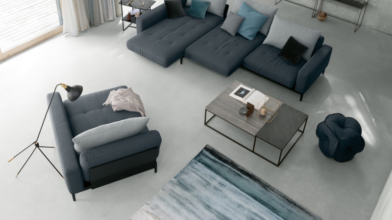 Серый диван, шезлонг и столик вид сверху